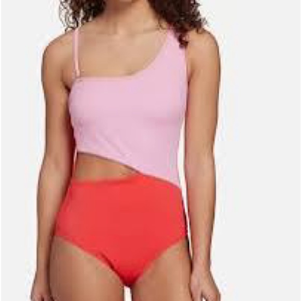 DSG Pink and Red One-Shoulder Swimsuit